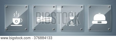 Set Beanie Hat, Campfire And Pot, Wooden Log And Coffee Cup. Square Glass Panels. Vector