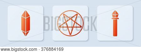 Set Pentagram In A Circle, Magic Stone And Magic Staff. White Square Button. Vector
