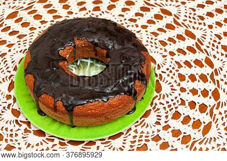 Delicious And Healthy Traditional Brazilian Homemade Carrot Cake With Chocolate Sauce. Top View. Cop