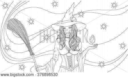 Vector Illustration, Beautiful Witch With A Broom Conjures, Magic Night Halloween,