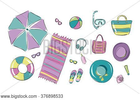 Summer Beach Vacation Vector Illustration. Sets For A Beach Holiday In A Flat Design: Glasses, Hats,