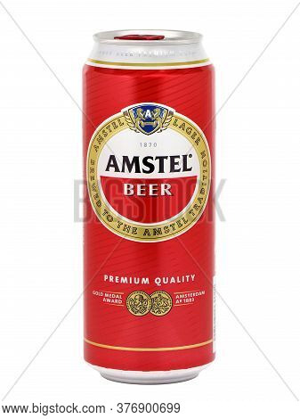 Bucharest, Romania - August 3, 2015. Can Of Amstel Beer. Amstel Brewery Is A Dutch Brewery Founded O