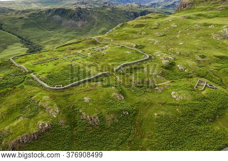 Aerial Of Hardknott Roman Fort Is An Archeological Site, The Remains Of The Roman Fort Mediobogdum,