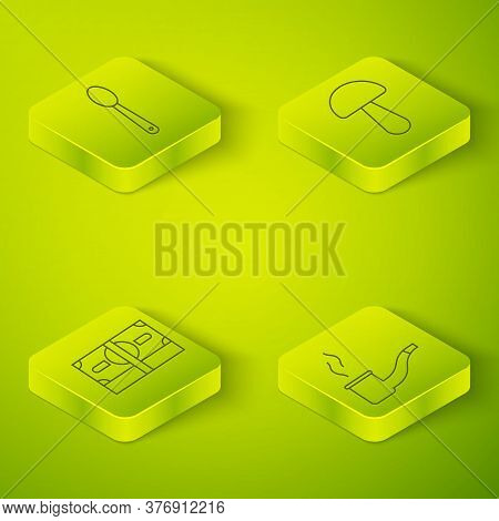Set Isometric Psilocybin Mushroom, Stacks Paper Money Cash, Smoking Pipe And Heroin In A Spoon Icon.