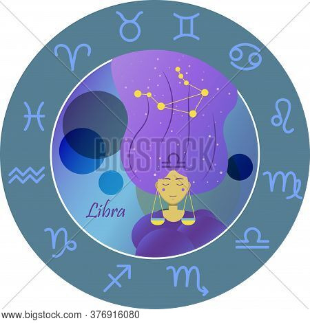 Vector Illustration Of The Zodiac Sign By Horoscope. A Girl With Long Hair Of The Starry Sky And The