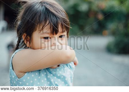 Kids In Posture Of Elbow Cough Which Is Correct Sneezing. Picture With Copy Space For Concept Of Sto