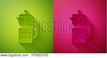 Paper Cut French Press Icon Isolated On Green And Pink Background. Paper Art Style. Vector Illustrat