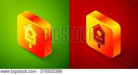 Isometric Bird House Icon Isolated On Green And Red Background. Nesting Box Birdhouse, Homemade Buil