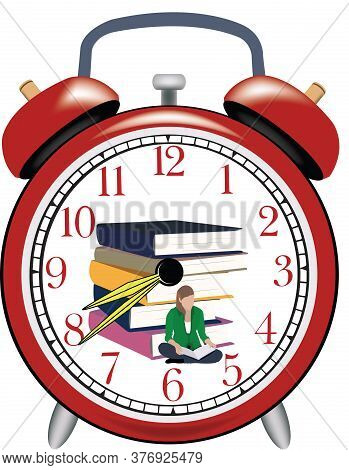 Study Time Girl With A Book And The Red Alarm Clock