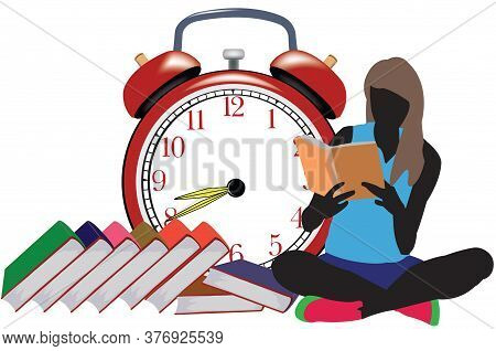 Study Time Girl With A Book And The Red Alarm Clock