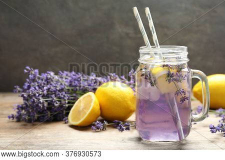 Fresh Delicious Lemonade With Lavender In Masson Jar On Wooden Table