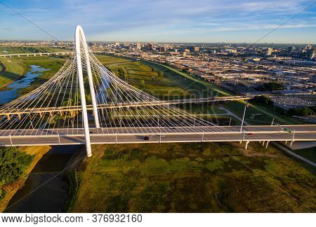 High Aerial View Above The Iconic Bridge Of Dallas Texas Sunrise Above Margaret Hunt Hill Bridge Ama