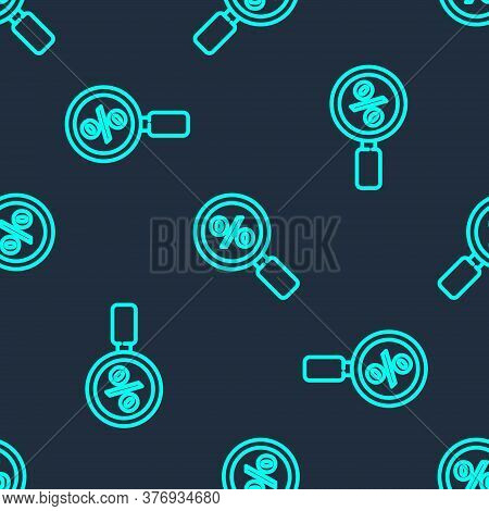 Green Line Magnifying Glass With Percent Icon Isolated Seamless Pattern On Blue Background. Discount