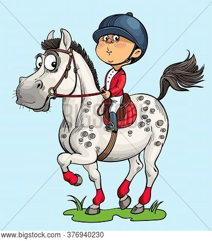 Vector Illustration. Funny Horseman. A Happy Child Is Engaged In Horse Riding. The Dream Of A Horse.
