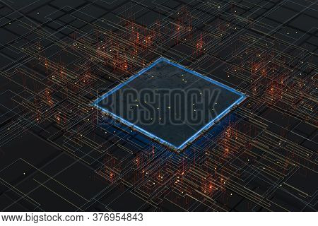 Circuit With Glowing Lines With Dark Background, 3D Rendering.
