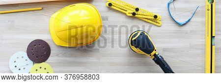 Top View Of Working Table At Construction Site. Wooden Ground With Sander Machine Level Replacement 