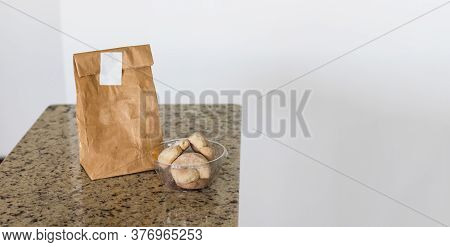 Delivery Home Food App Concept Image With Paper Bag. Space For Text Or Logo.