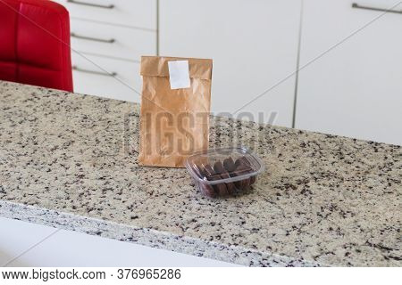 Delivery Home Food App Concept Image With Paper Bag. Space For Text Or Logo.