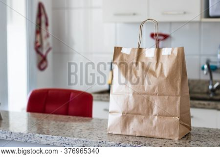 Delivery Home Food App Concept Image With Paper Bag. Space For Text Or Logo.