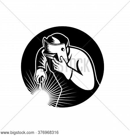 Illustration Of An Arc Welder Worker Working With Visor Mask Holding A Mig Welding Torch Viewed From