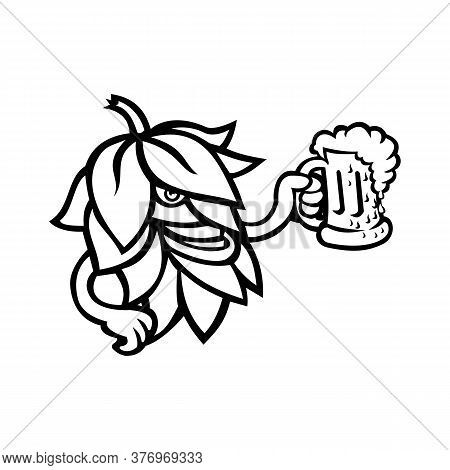 Mascot  Black And White Illustration Of A Beer Hops, Flower Or Seed Cones Or Strobiles Of The Hop Pl