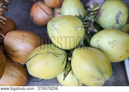 A Pile Of Tropical Coconuts Fruit In The Beach Food Market.