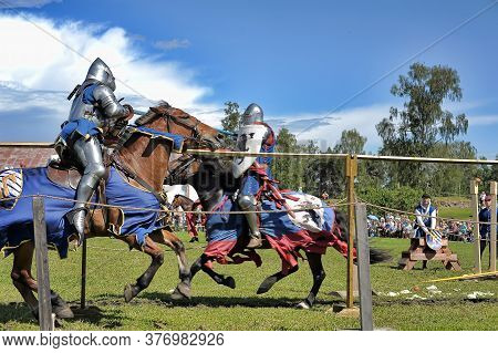 Two Knights Fight On Spears At The Festival Of Historical Reconstruction 