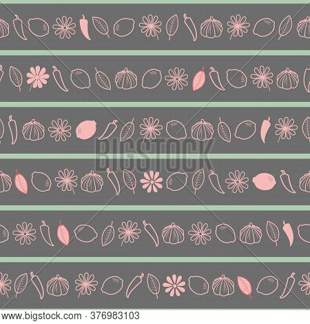 Dark Grey And Pastel Pink With Aqua Stripes Kitchen Theme Seamless Repeating Pattern. Beautiful Hand