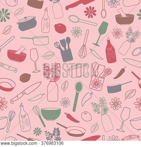 Bright Pink And Multicolored Kitchen Theme Seamless Repeating Pattern. Beautiful Hand Drawn Vector D