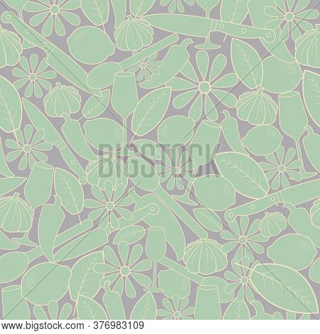 Pastel Purple And Green Kitchen & Floral Theme Seamless Repeating Pattern. Beautiful Hand Drawn Vect