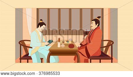Cartoon Chinese People Talk Work At Home.