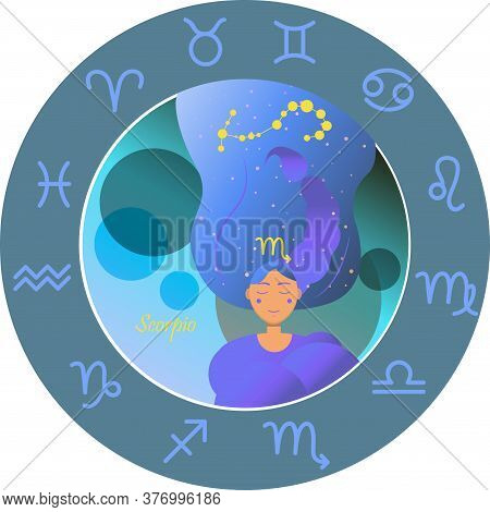 Vector Illustration Of The Zodiac Sign By Horoscope. A Girl With Long Hair Of The Starry Sky And The