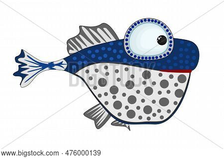 Cartoon Fish Isolated On White Background. Cute Kawaii Colorful Aquarium Or Sea Animal. Blue Gray Tr