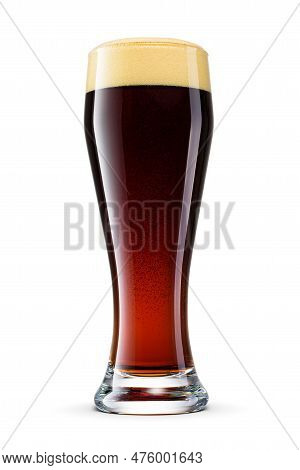 Weizen Glass Of Fresh Delicious Dark Porter Beer With Cap Of Foam Isolated On White Background.