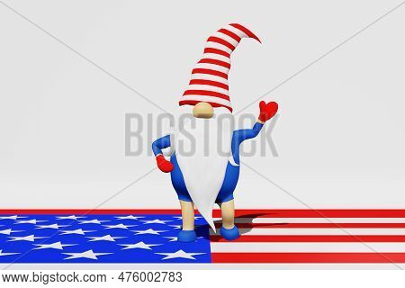 United States Independence Day Gnome In Striped Hat 3D Rendering. 4Th Of July National Usa Holiday G