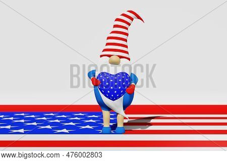 United States Independence Day Gnome In Striped Hat 3D Rendering. 4Th Of July National Usa Holiday G