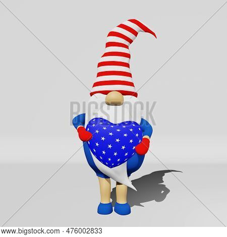 United States Independence Day Gnome In Striped Hat 3D Rendering. 4Th Of July National Usa Holiday G