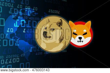 Shiba Inu And Dogecoin Virtual Currency Visuals On An Abstract Background. 3d Illustrations.