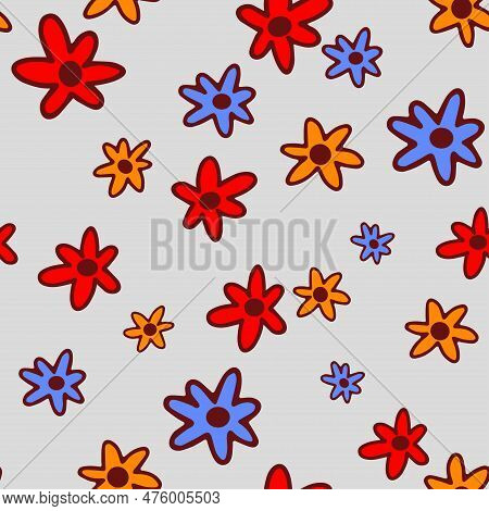 Multicolored Flowers With Leaves Pattern. A Pattern With Painted Flowers In A Cute Style. Floral Sea