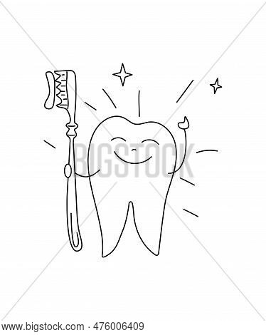 A Tooth With A Toothbrush And Toothpaste. Dentistry, Tooth Brushing. Shiny Healthy Happy White Tooth