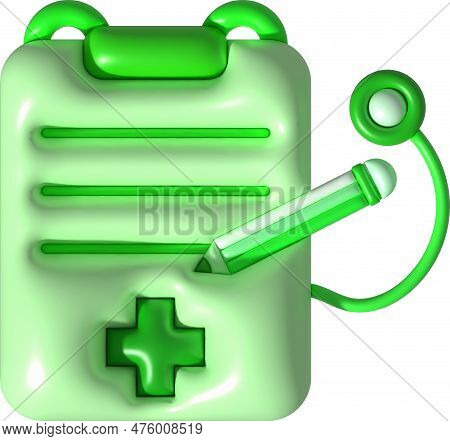 Illustration 3d. Checklist Or Patient History With Stethoscope. Icon Of Patient Treatment Diagnosis 