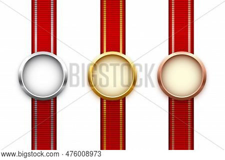 Red Ribbon Set With 3d Grosgrain Texture And Gold, Silver And Bronze Trim On Border