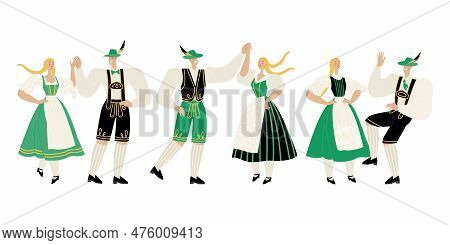 Couples In Folk Bavarian Costumes. Set Of Vector Illustrations Of Men And Women Dancing Traditional 