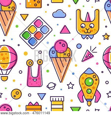 Bright Kids Design With Line Colorful Icons Vector Seamless Pattern Template