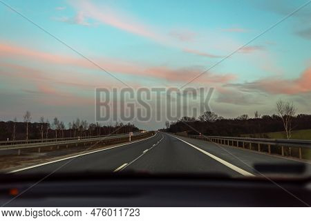 Movement On The Evening Highway, Beautiful Sunset Sky.