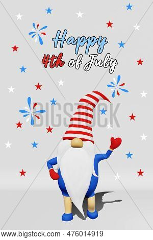 United States Independence Day Gnome In Striped Hat 3D Rendering. 4Th Of July National Usa Holiday G