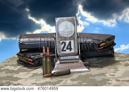 Cartridges For The Kalashnikov Assault Rifle. War Concept. Pile Of Cartridges With Bullets. Pile Of 