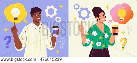 Brainstorming Ideas Set. Man And Woman Generate Thoughts About Business Development. Strategies, Mot