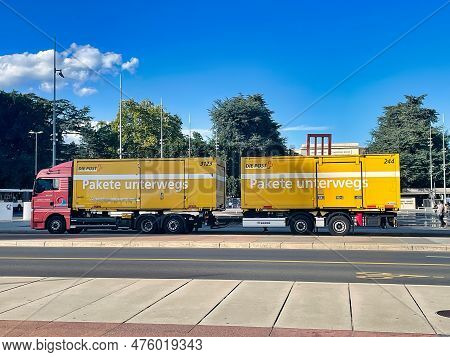 Geneva, Switzerland - 08 September 2022: A Yellow Dleivery Truck Of Die Post The Swiss National Serv
