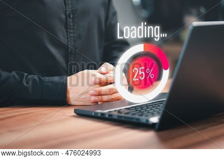 Employee Man Using A Laptop Computer For Download Software And Waiting To Loading Digital Business D
